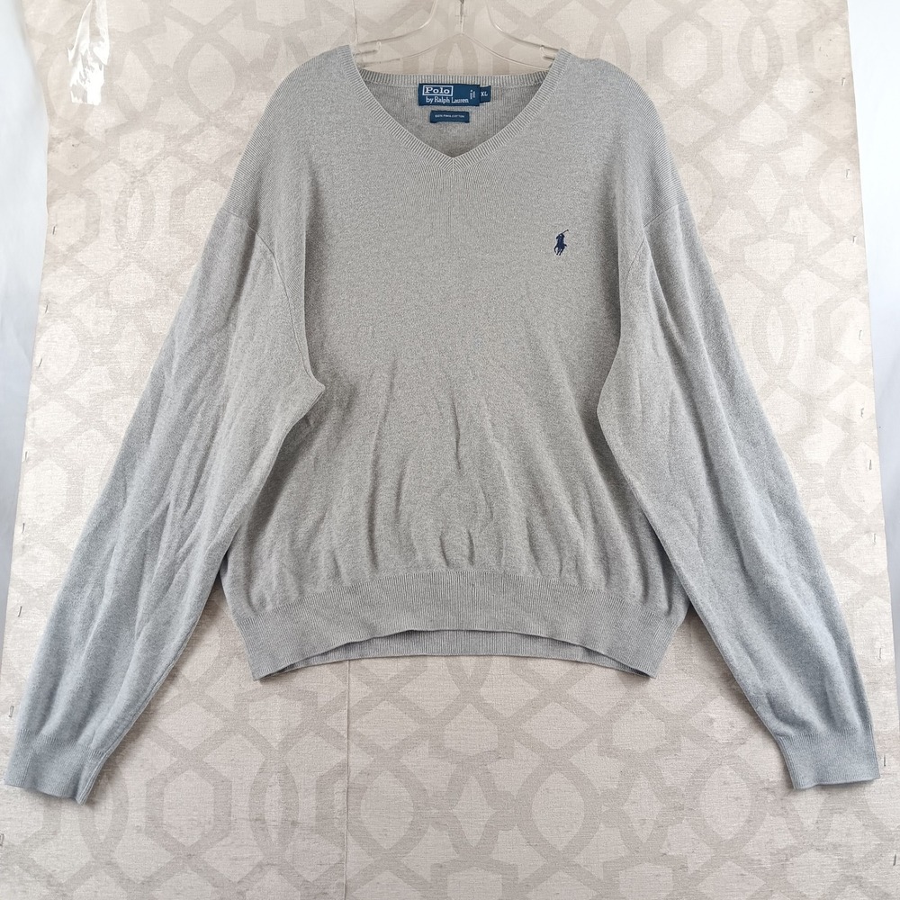 Polo Ralph Lauren Mens V Neck Sweater Light Gray Pima Cotton XL